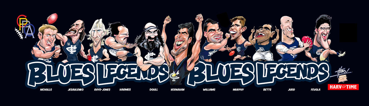 Carlton Blues Player Legends Caricature Bar Runner. Art by HarvTime