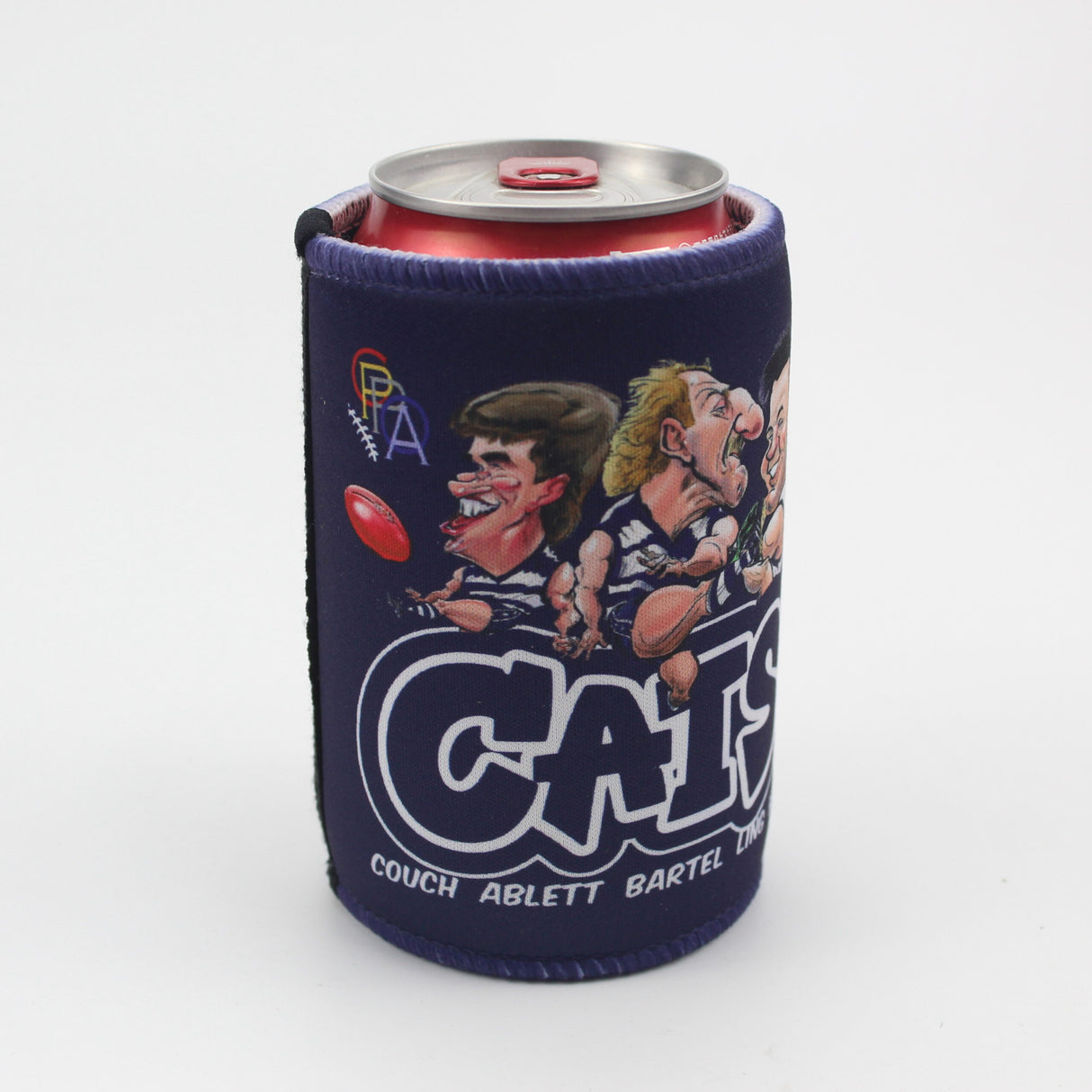 Geelong Cats Player Legends Caricature Stubby Holders. Art by HarvTime.