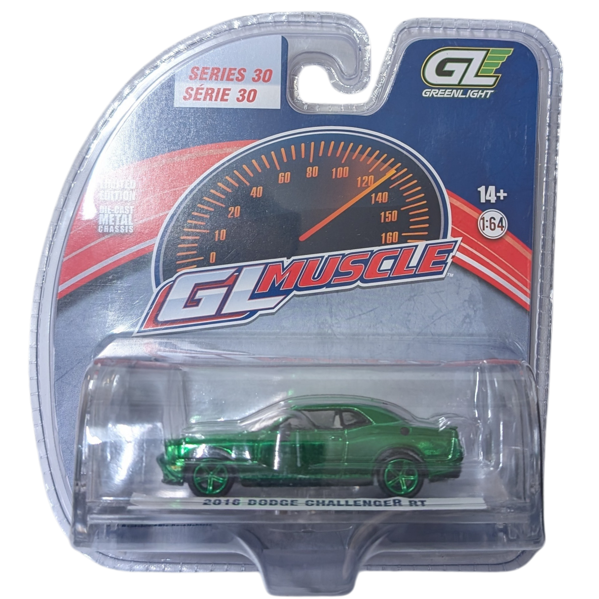 CHASE VERSION: Green Chrome 2016 Dodge Challenger RT, GL Muscle Series 30, 1:64 Scale Diecast Car