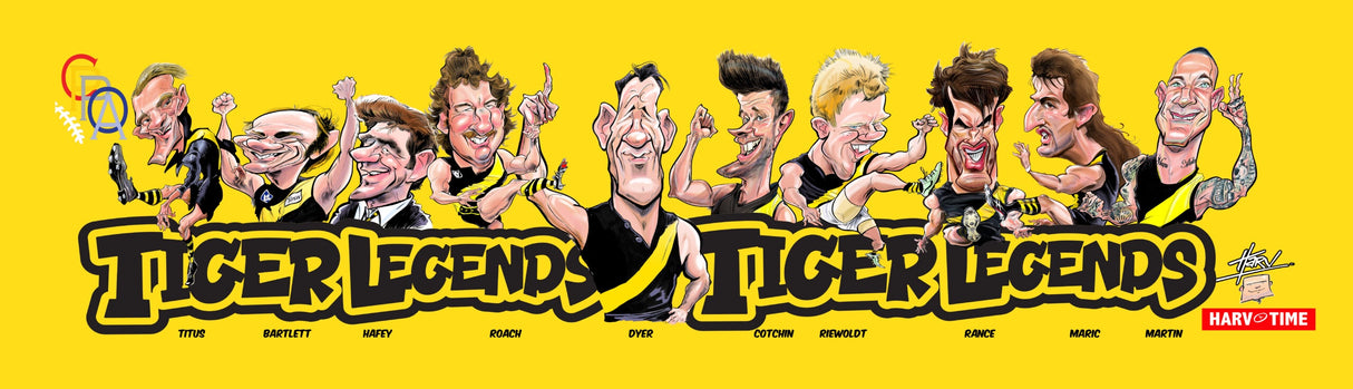 Richmond Tigers Player Legends Caricature Bar Runner. Art by HarvTime.