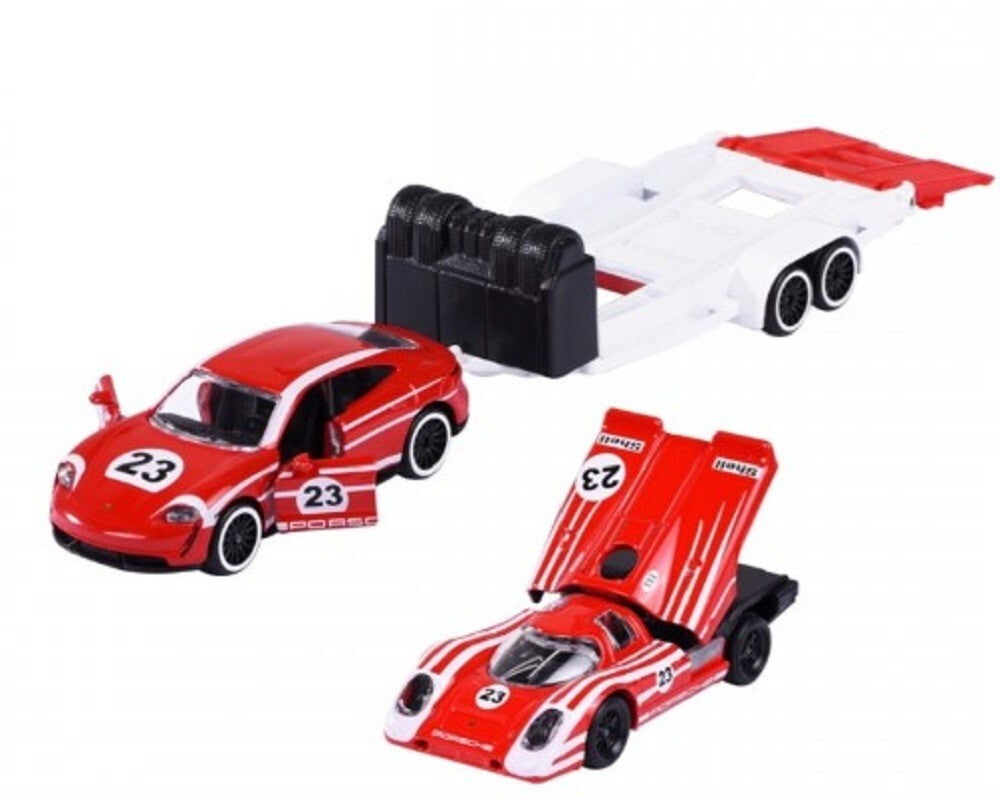 Majorette - Porsche Taycan Turbo S, Porsche 917, trailer, 1:64 Scale Diecast Car