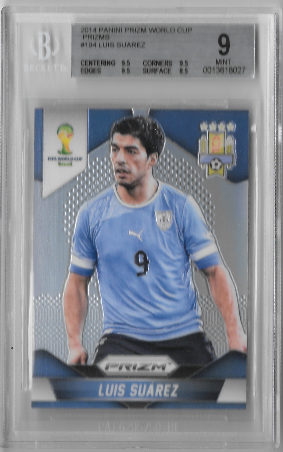 Luis Suarez, Silver Prizm, 2014 Panini Prizm World Cup Soccer, BGS 9