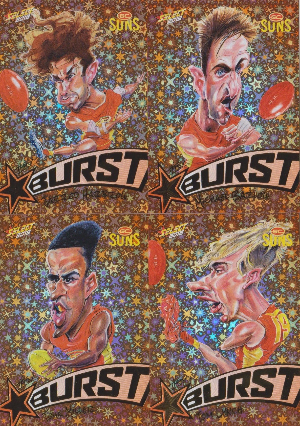 Gold Coast Suns, Starburst Orange Caricatures Team Set, 2018 Select AFL Footy Stars