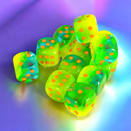 CHX 26670 Gemini Plasma Green-Teal/orange Luminary 16mm d6 Dice Block (12 dice)