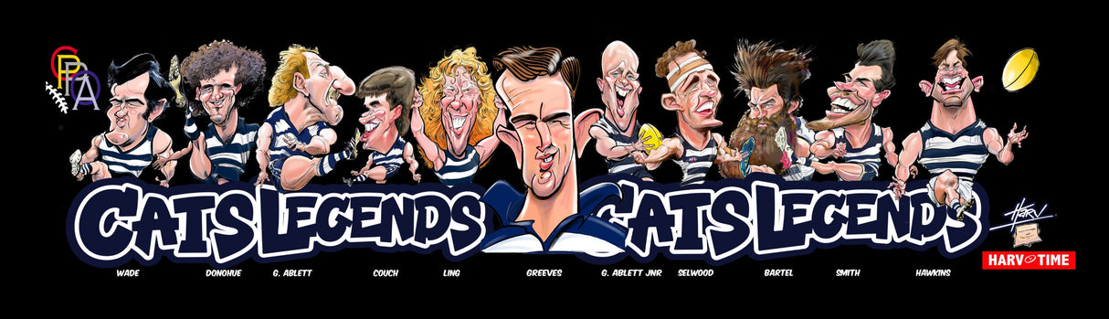 Geelong Cats Player Legends Caricature Bar Runner. Art by HarvTime.