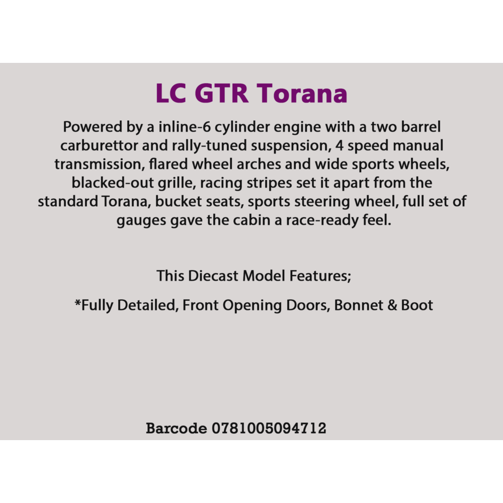 Purple Holden Torana LC GTR, 1:24 Scale Diecast
