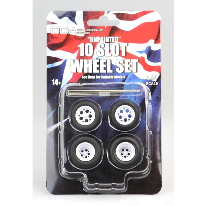 Set of 4 x 10 Slot Unpainted Injected White Wheels w/Tyres & Axles,1:24 Scale