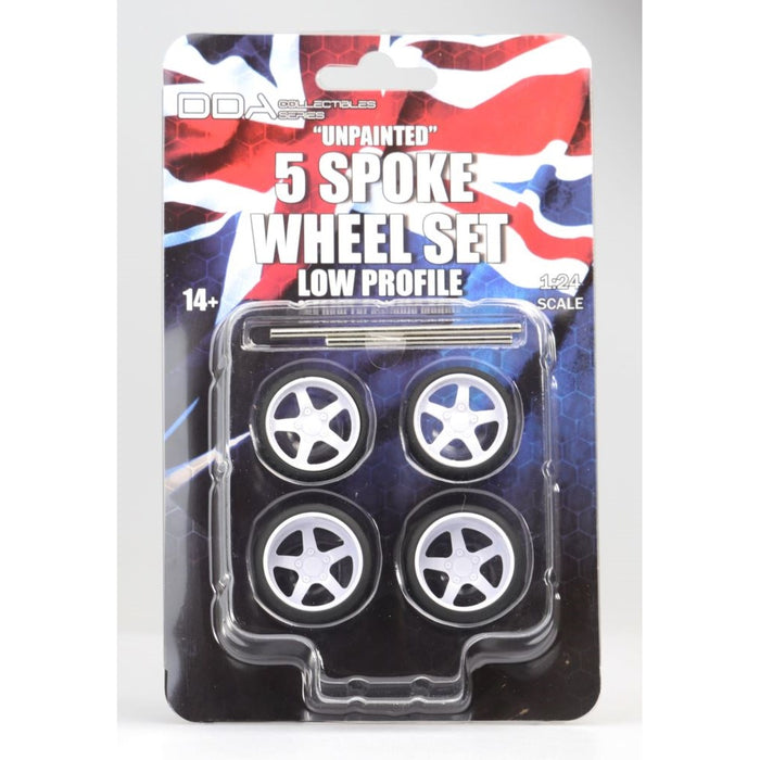 Set of 4 x Low Profile Unpainted Injected White 5 Spoke Wheels w/Tyres & Axles,1:24 Scale