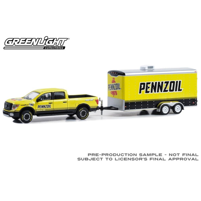 Pennzoil 2018 Nissan Titan XD Pro 4X w/Enclosed Trailer, Hitch & Tow, 1:64 Scale Diecast Model