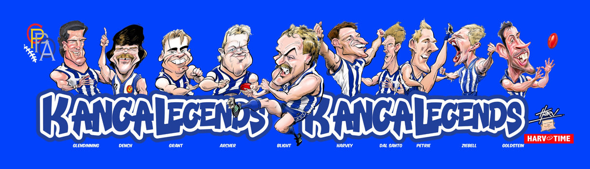 North Melbourne Player Legends Caricature Bar Runner. Art by HarvTime