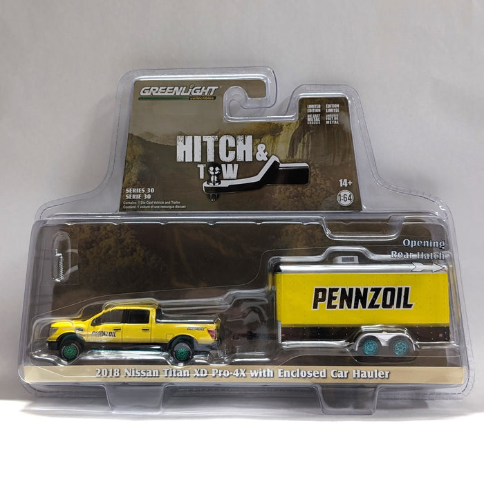 GREEN MACHINE: Pennzoil 2018 Nissan Titan XD Pro 4X w/Enclosed Trailer, Hitch & Tow, 1:64 Scale Diecast Model