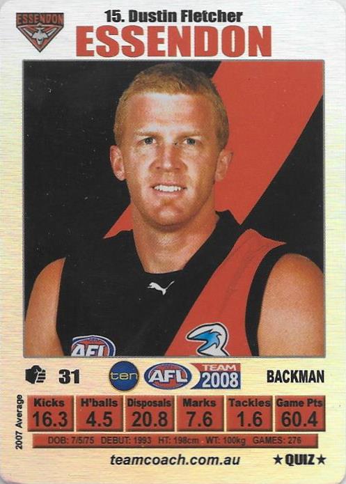 Dustin Fletcher, Silver Quiz card, 2008 Teamcoach AFL