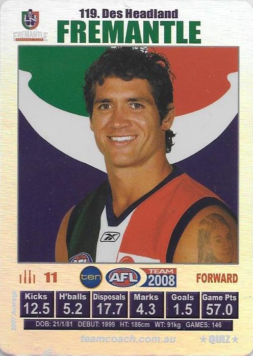 Des Headland, Silver Quiz card, 2008 Teamcoach AFL