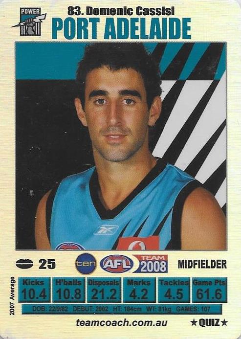 Domenic Cassisi, Silver Quiz card, 2008 Teamcoach AFL