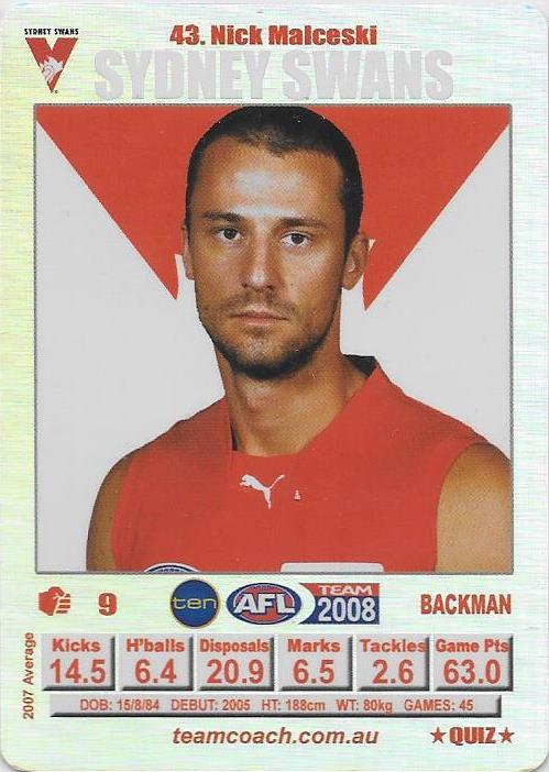 Nick Malceski, Silver Quiz card, 2008 Teamcoach AFL