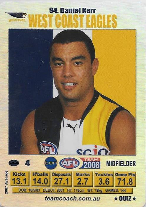 Daniel Kerr, Silver Quiz card, 2008 Teamcoach AFL