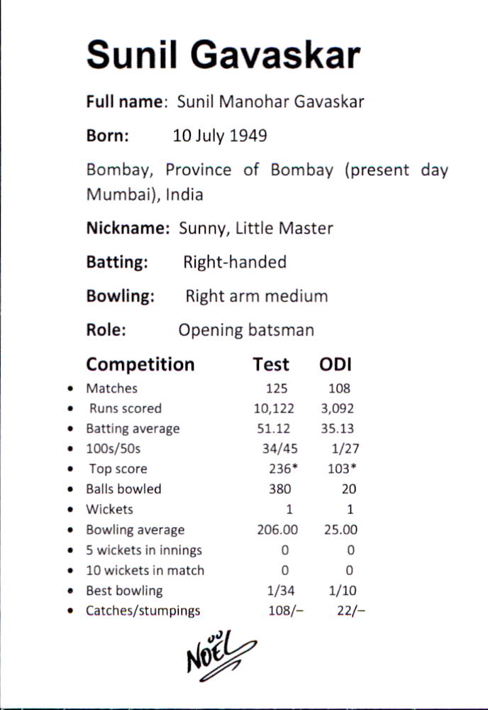 INDIA, Cricket Greats Card Set by Noel.