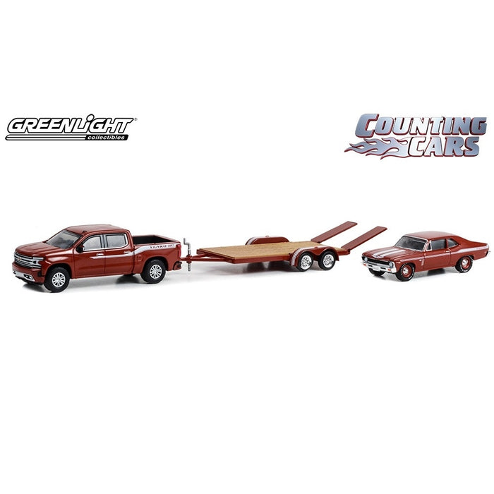 2020 Chevrolet Silverado, 1969 Chevrolet Nova Yenko SC 427, Flatbed Trailer, Hitch & Tow, 1:64 Diecast Vehicle