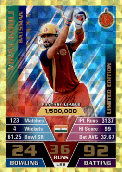 Virat Kohli, Limited Edition Gold, 2016 Topps IPL  Cricket Attax