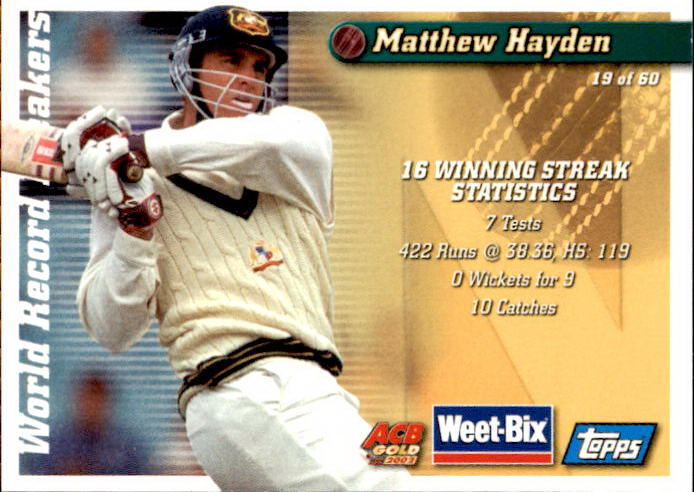 Bill Woodfull & Matthew Hayden, Weetbix, 2002 Topps ACB Gold Cricket