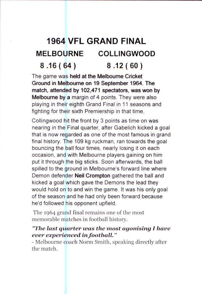 Melbourne Demons 1964 Premiers Card Set by Noel